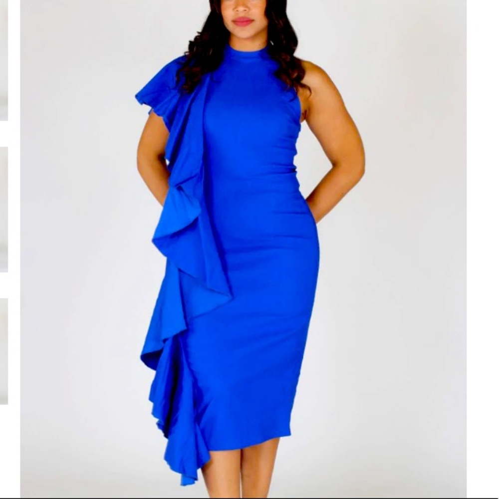 Risen side ruffle trim dress royal blue
